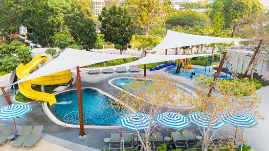 Exterior SPLASH Pool Overview Drone Shot
